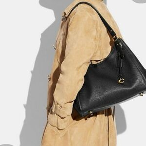 Black Pebbled Leather Shoulder Bag with Gold Hardware